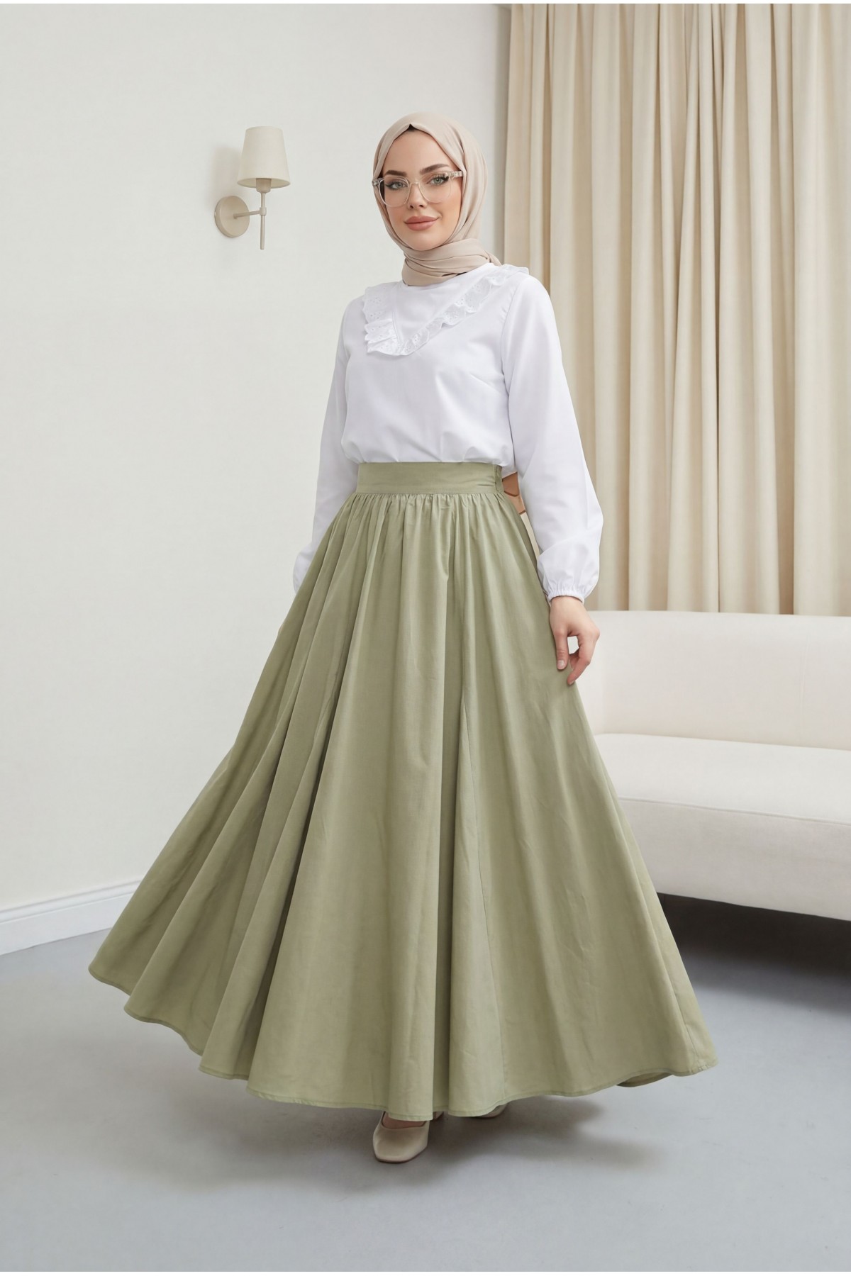 Fermuarlı Astarlı Yazlık Kloş Keten Etek -Haki