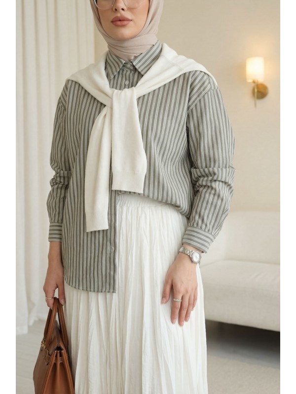 Triko Fular Detaylı Çizgili Keten Gömlek -Haki