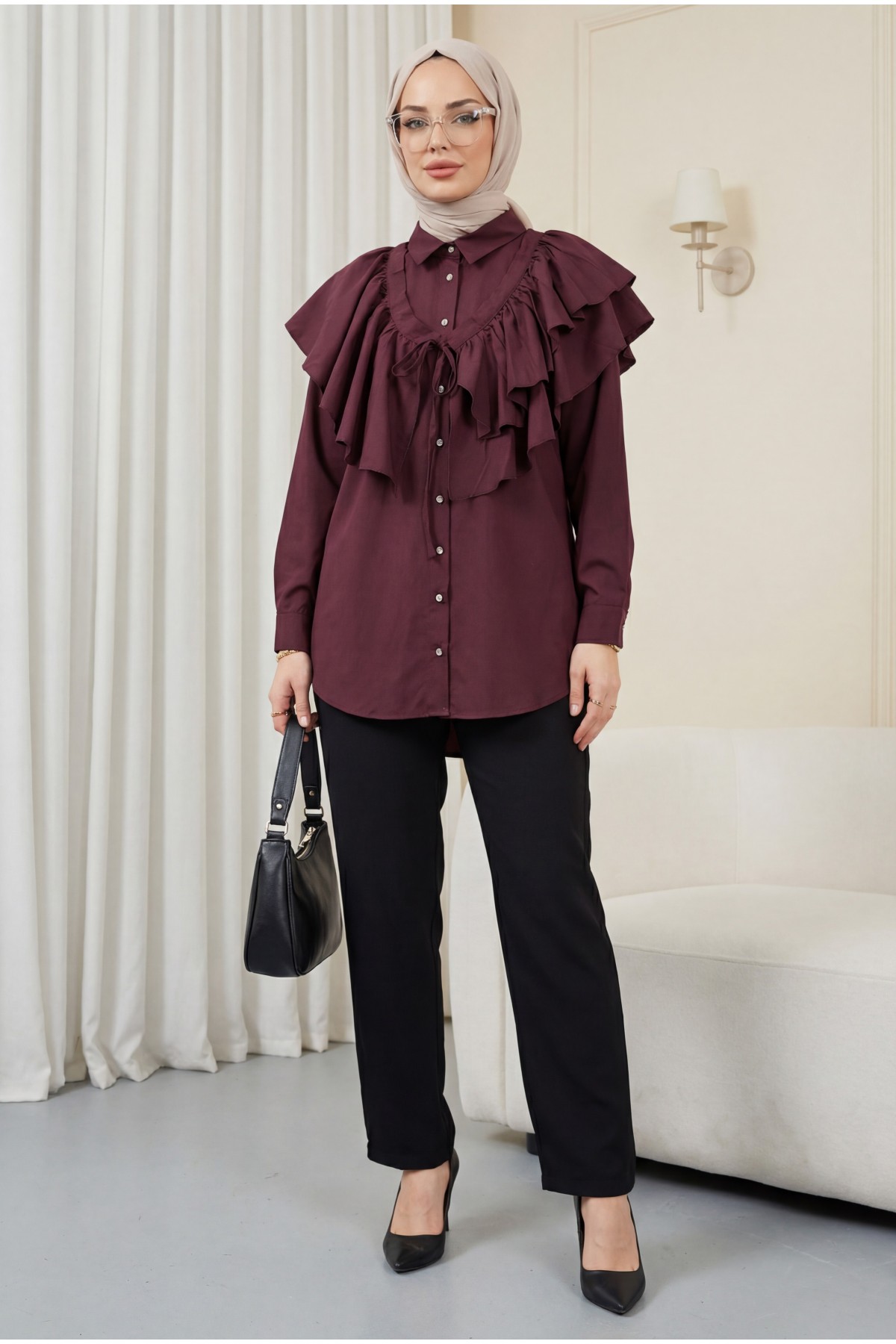 Pelerin Detaylı Düğmeli Oval Kesim Poplin Tunik -Mürdüm