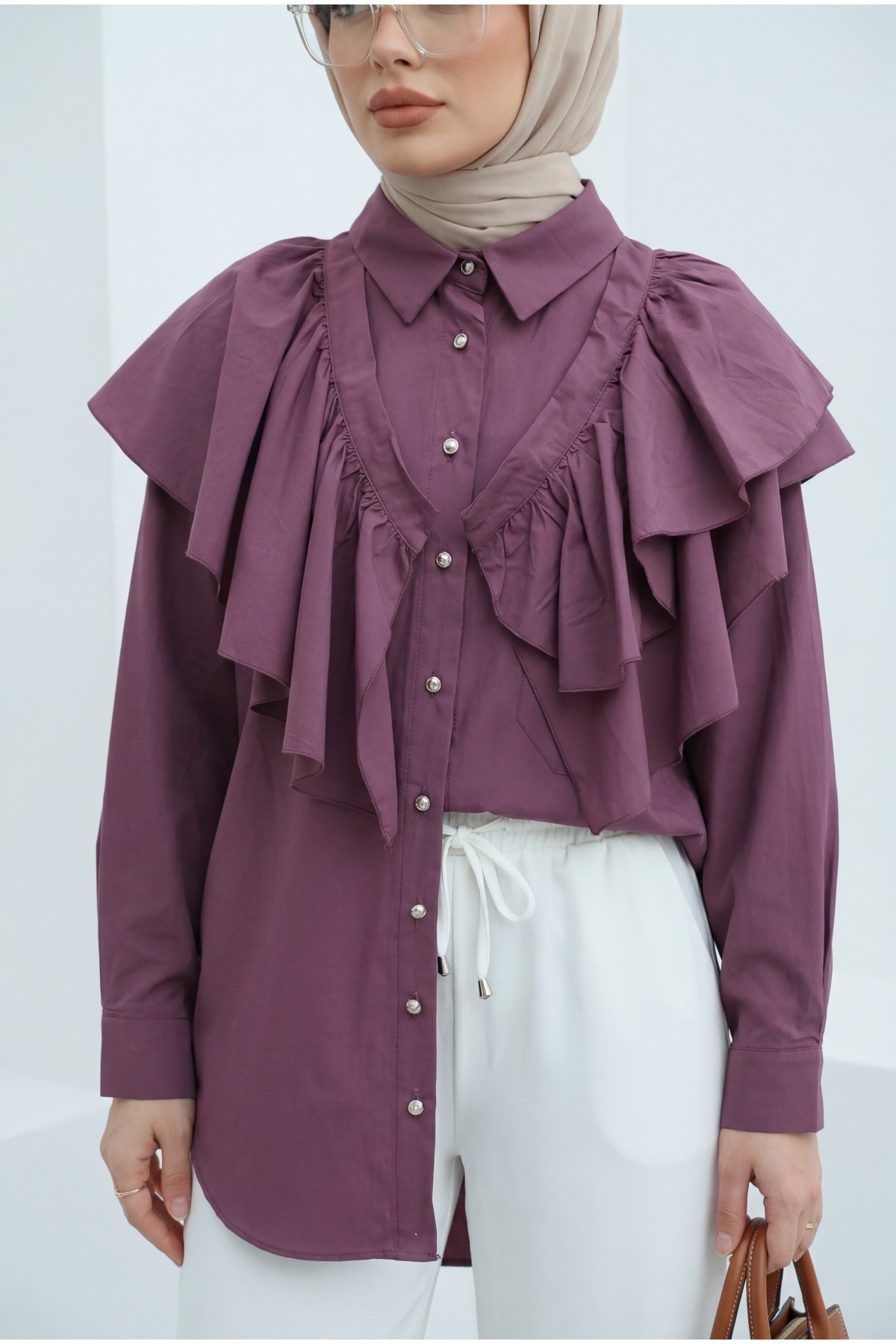 Pelerin Detaylı Düğmeli Oval Kesim Poplin Tunik -Vişne