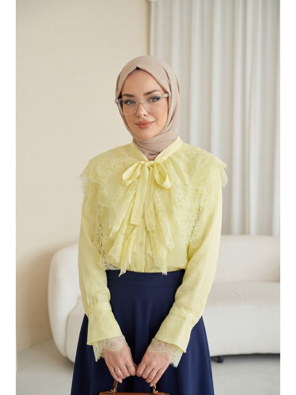 Yakası Bağcıklı Fırfırlı Dantel Detaylı Arkası Uzun Cupra Gömlek  -Açık Sarı