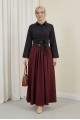 Tokalı Kemerli Piliseli Yan Cepli Fermuarlı Tivil Etek -Bordo