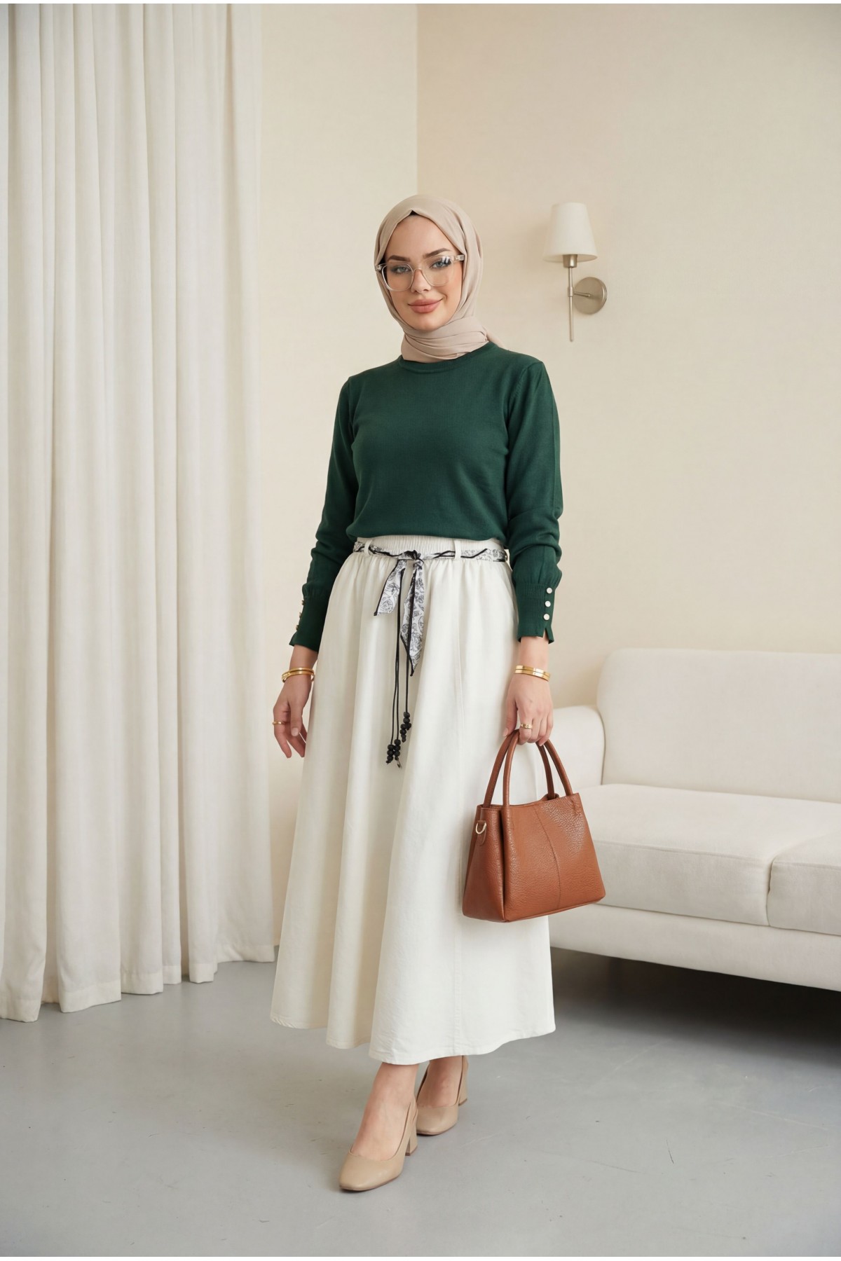 Yuvarlak Yaka Kolu Düğme Detaylı Triko Tunik   -Zümrüt