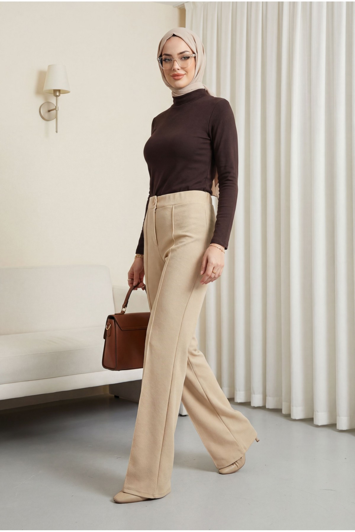 Düğmeli Beli Lastikli Likralı Palazzo Pantolon  -Bej