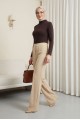 Düğmeli Beli Lastikli Likralı Palazzo Pantolon  -Bej