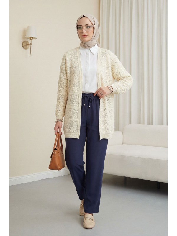 Kare Desenli Ajurlu Salaş Triko Hırka -Bej