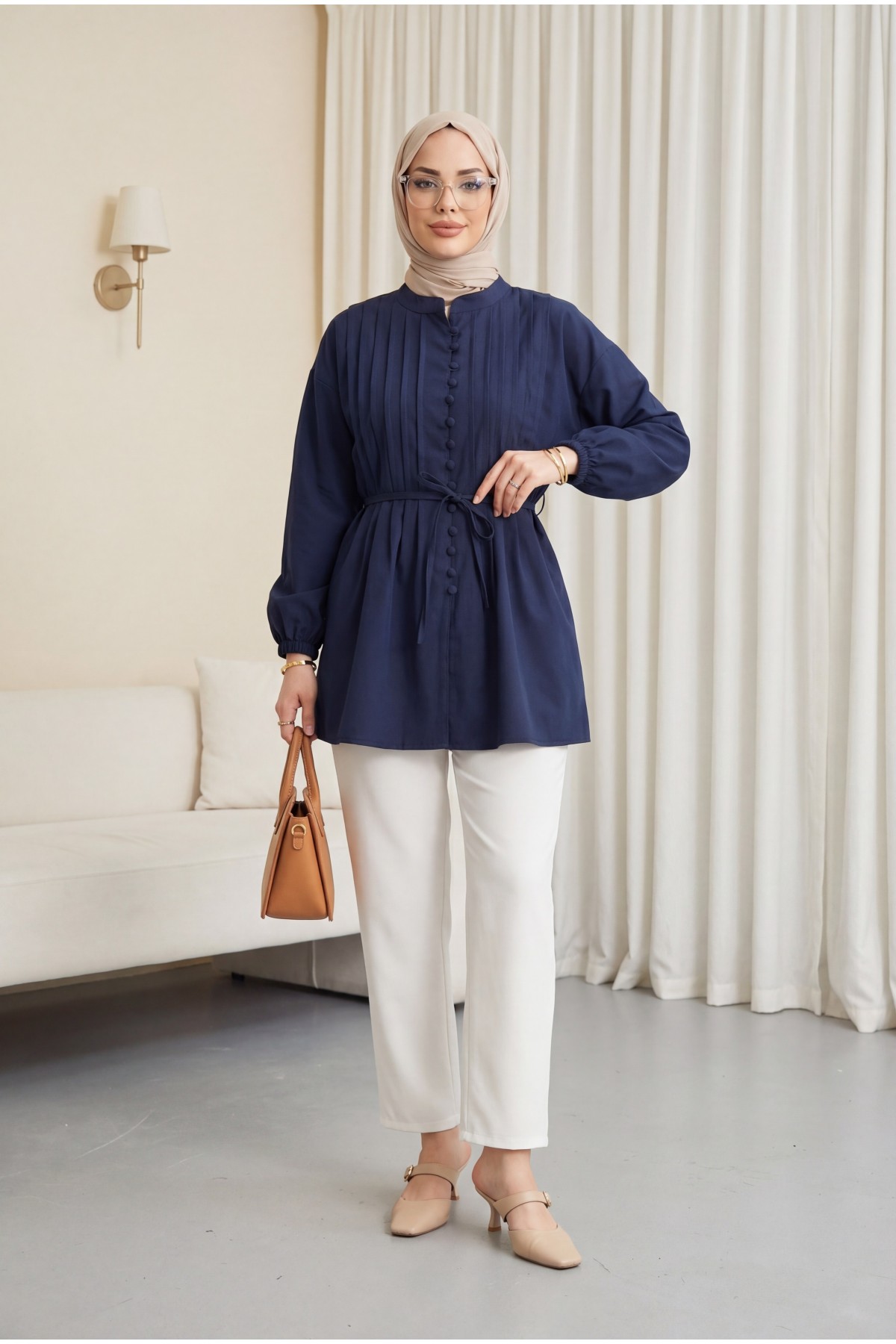 Kemerli Kolu Lastikli Önü Düğmeli Katlama Detaylı Poplin Gömlek -Laci