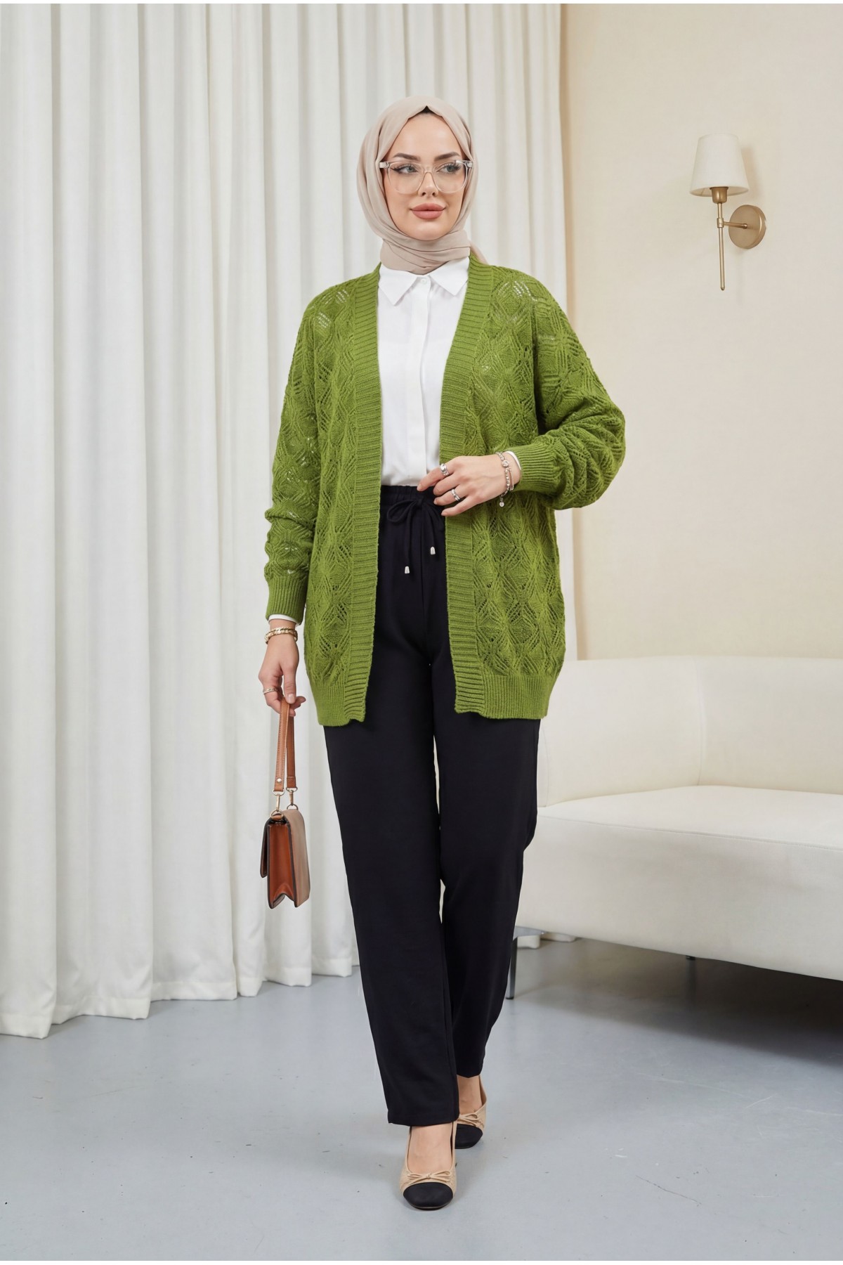 Desenli Araboy Örme Triko Hırka   -Haki