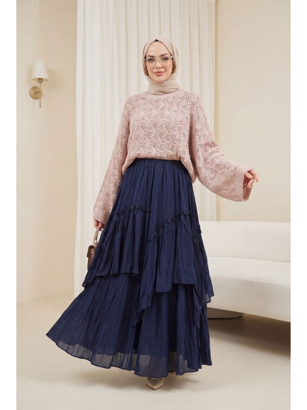 Yuvarlak Yaka Yarasa Kol Ajurlu Triko Kazak -Pudra