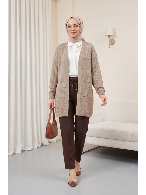 Ajurlu Mevsimlik Triko Hırka       -Açık Vizon