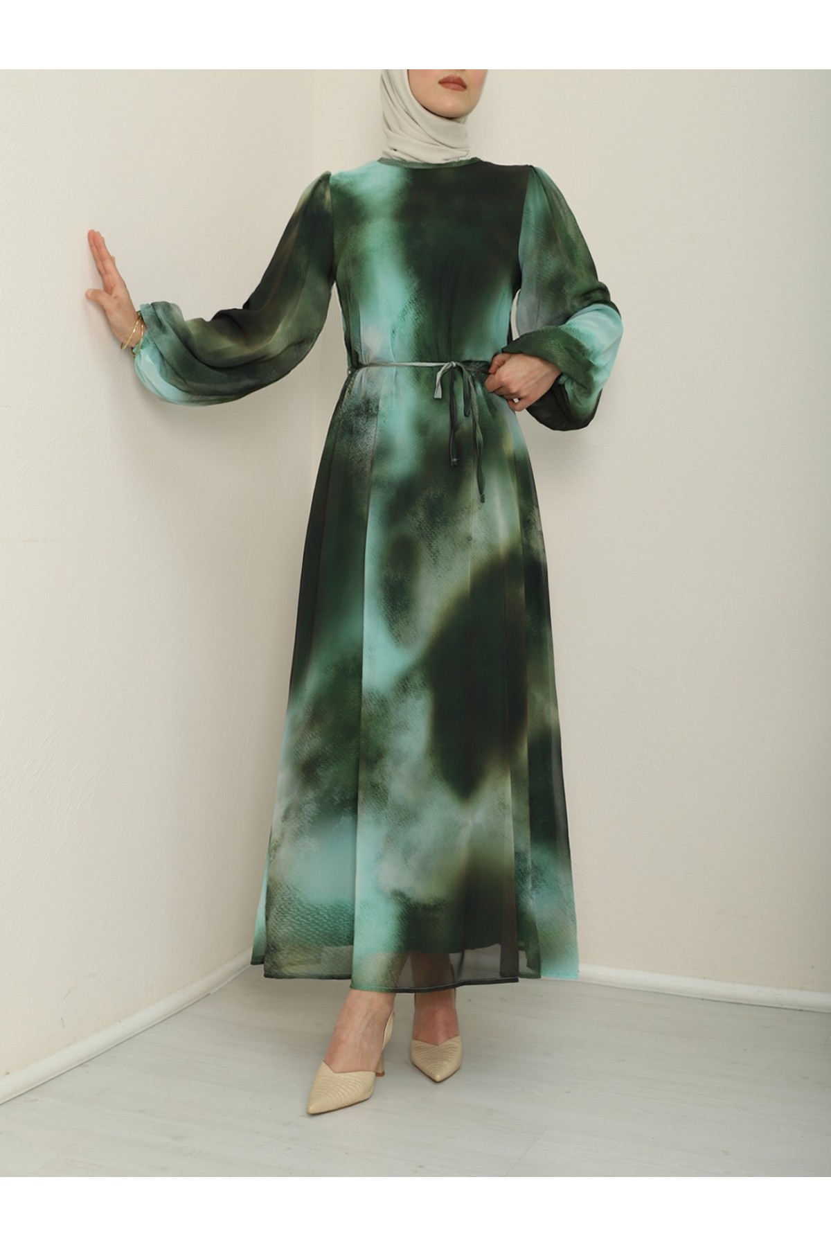 Batik Baskılı Astarlı Şifon Elbise  -Zümrüt
