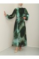 Batik Baskılı Astarlı Şifon Elbise  -Zümrüt