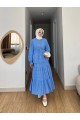 Önü Düğmeli Beli Bağcıklı Kolu Lastikli Etekli Dantelli Takım -Mavi