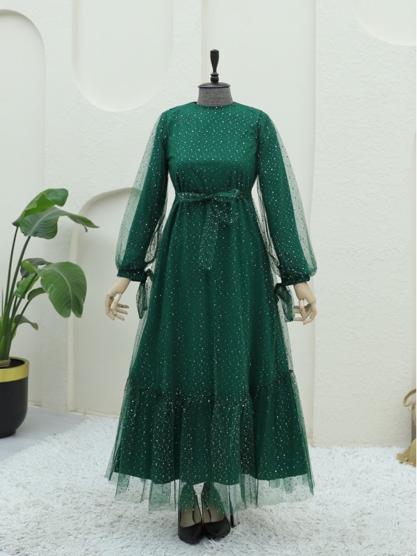 Serpme Pul Detaylı Kolu Bağcıklı Tül Elbise -Zümrüt