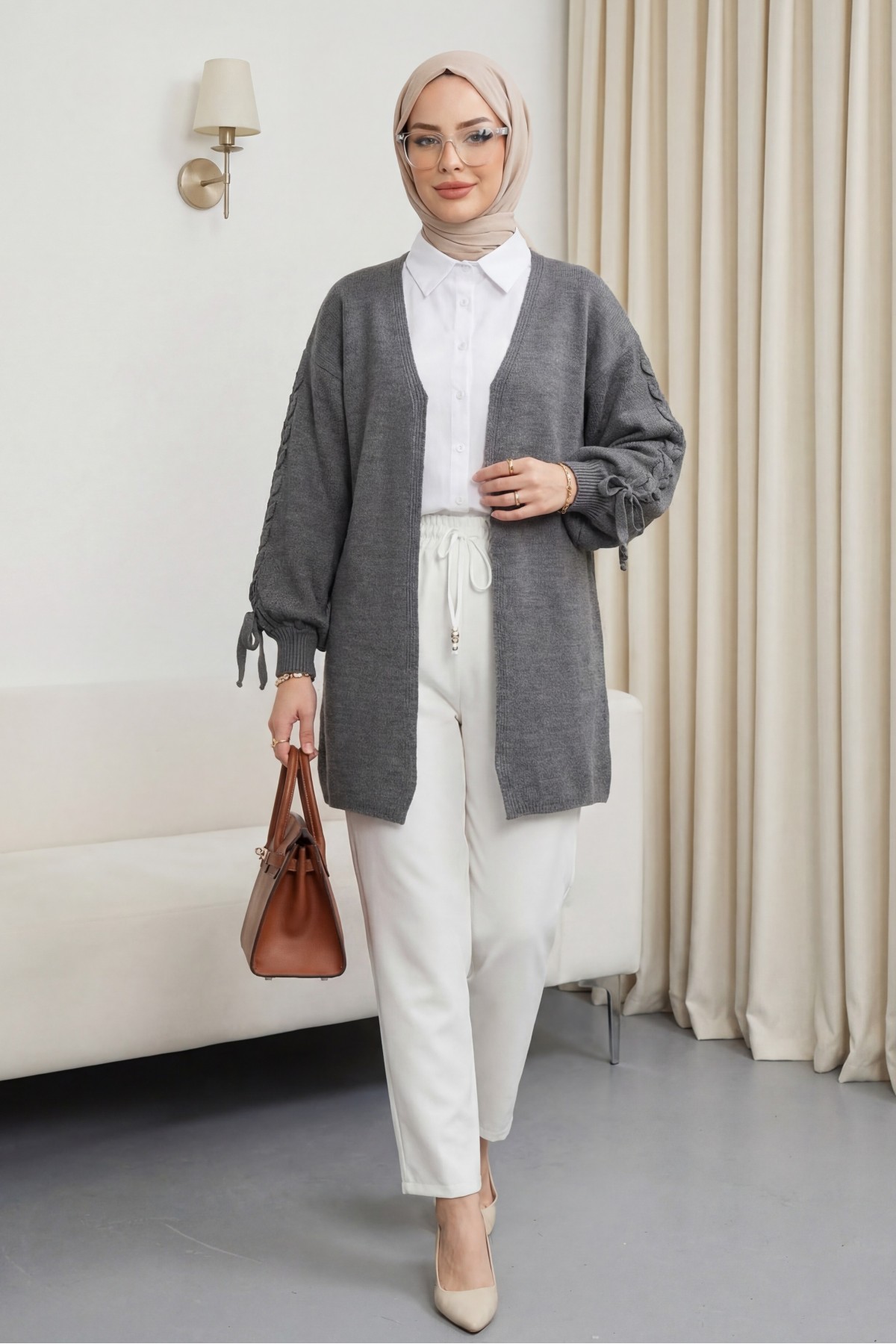 Kolu Saç Örgülü Salaş Triko Hırka -Füme