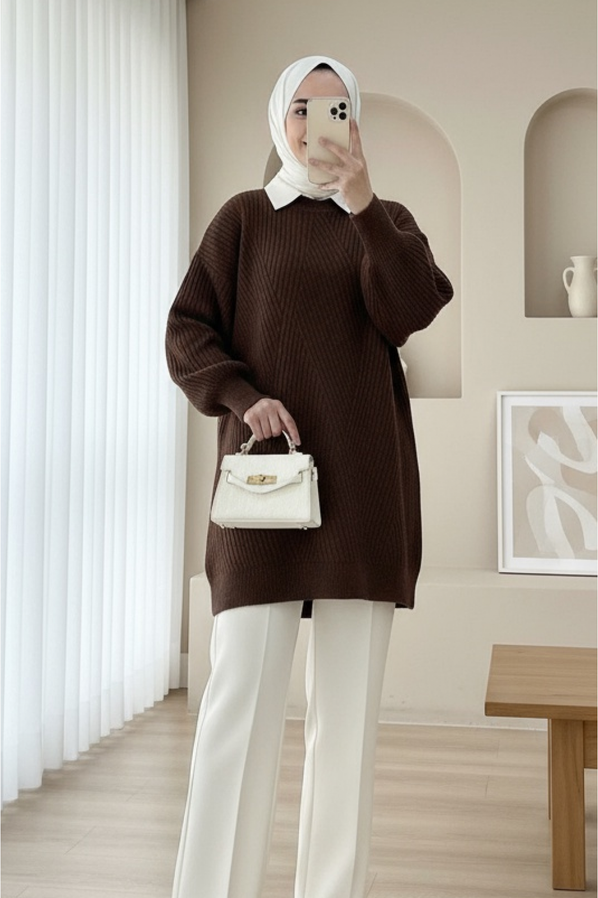 Bisiklet Yaka Baklava Desen Triko Kazak             -K. Kahve