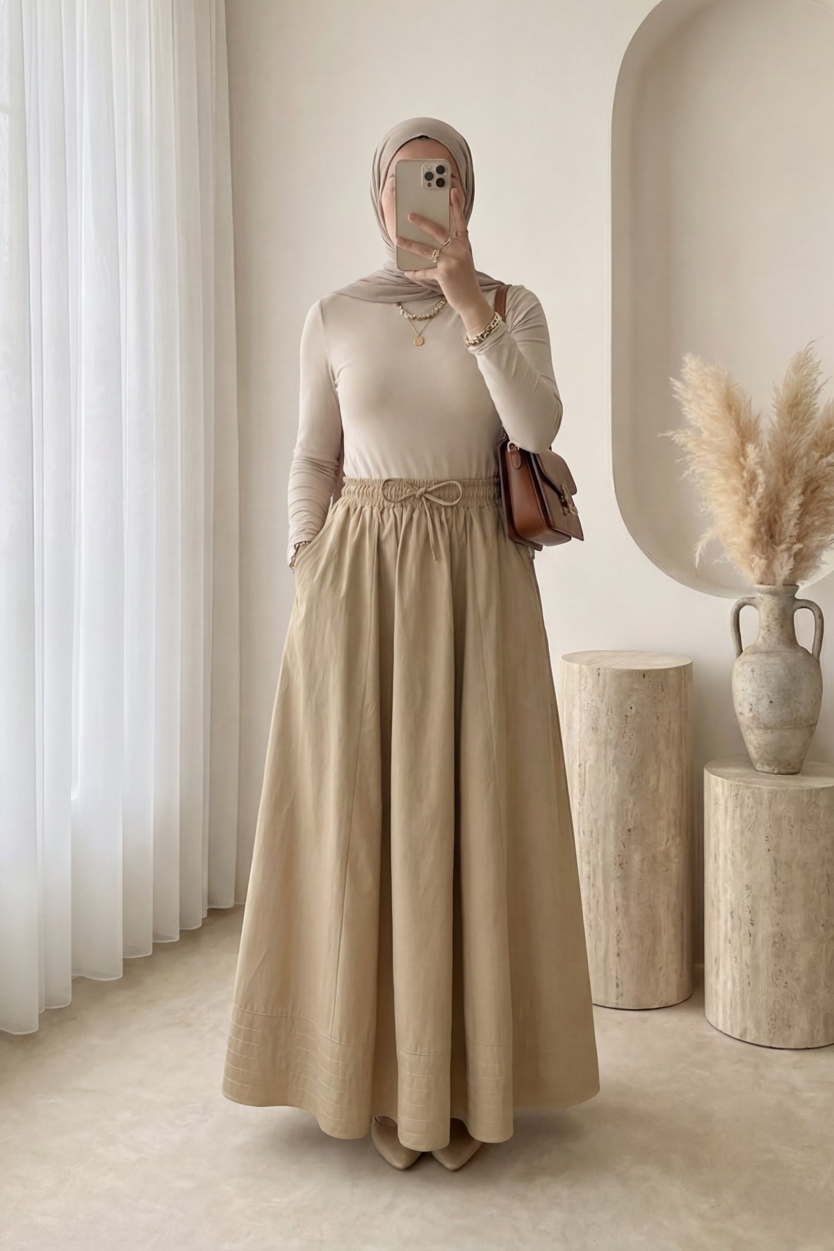 Beli Lastikli Cepli Dikiş Detaylı Etek  -Vizon