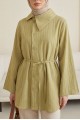 Yandan Yakalı Boydan Düğmeli Çizgili Bağcıklı Krinkıl Gömlek -Yağ Yeşili