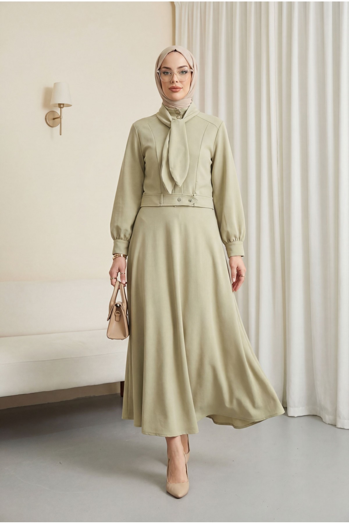 Gizli Düğmeli Fular Detaylı Etekli Diagonal Takım   -Taş