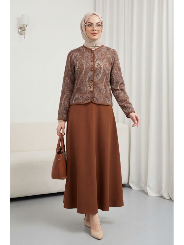 Top Düğme Etnik Desen Etekli Krep Takım -Kahve