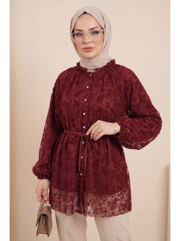 Dik Yaka Beli Bağcıklı Balon Kol Flog Baskılı Astarlı Tül Tunik -Bordo