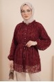 Dik Yaka Beli Bağcıklı Balon Kol Flog Baskılı Astarlı Tül Tunik -Bordo