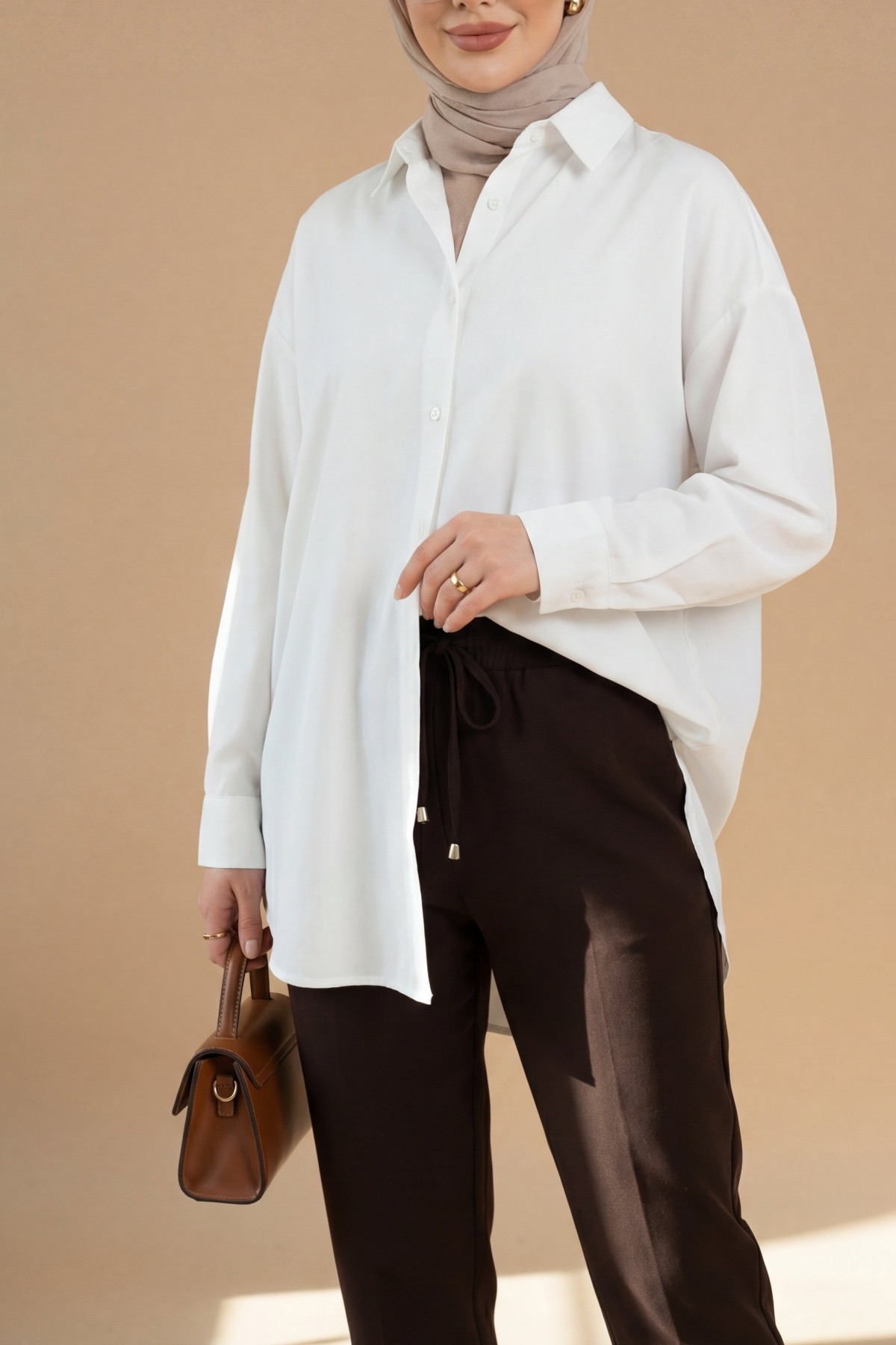 Düğmeli Salaş Viskon Gömlek -Beyaz