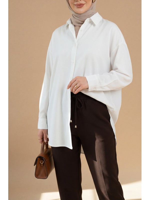 Düğmeli Salaş Viskon Gömlek -Beyaz