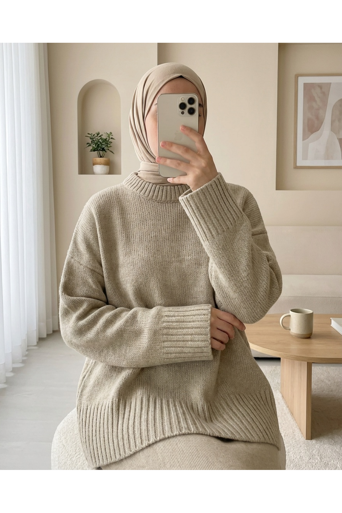 Bisiklet Yaka Eteği Fitilli Salaş Triko Kazak            -Bej