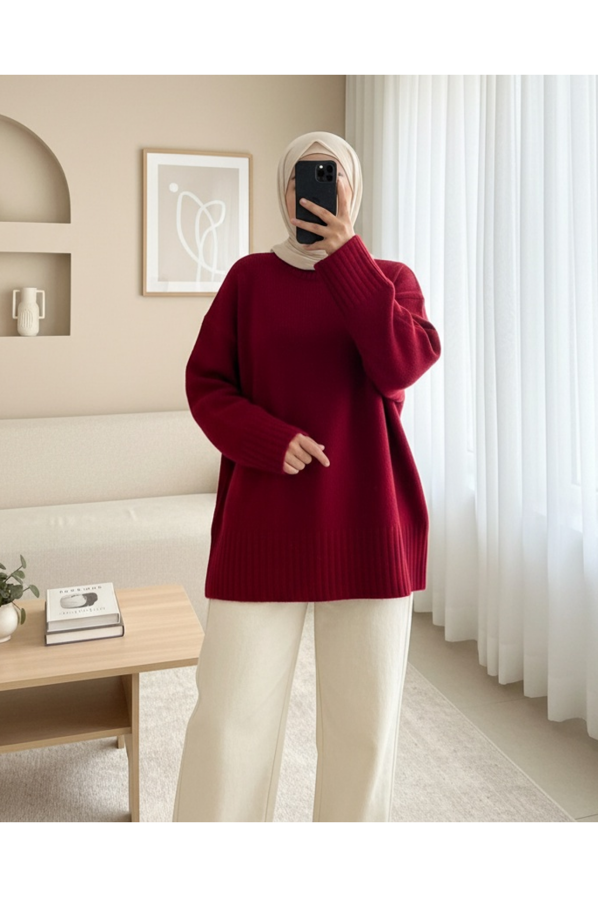 Bisiklet Yaka Eteği Fitilli Salaş Triko Kazak         -Kırmızı