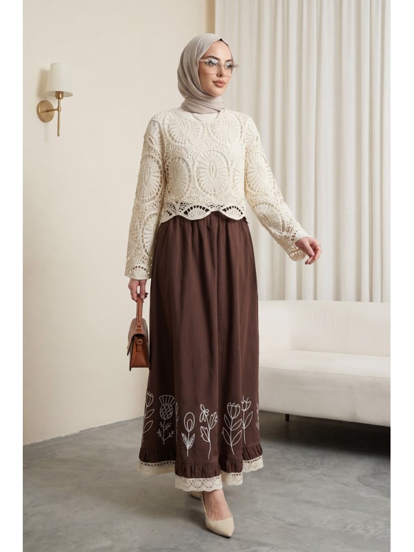 Dantel Örgü Triko Bluz  -Ekru