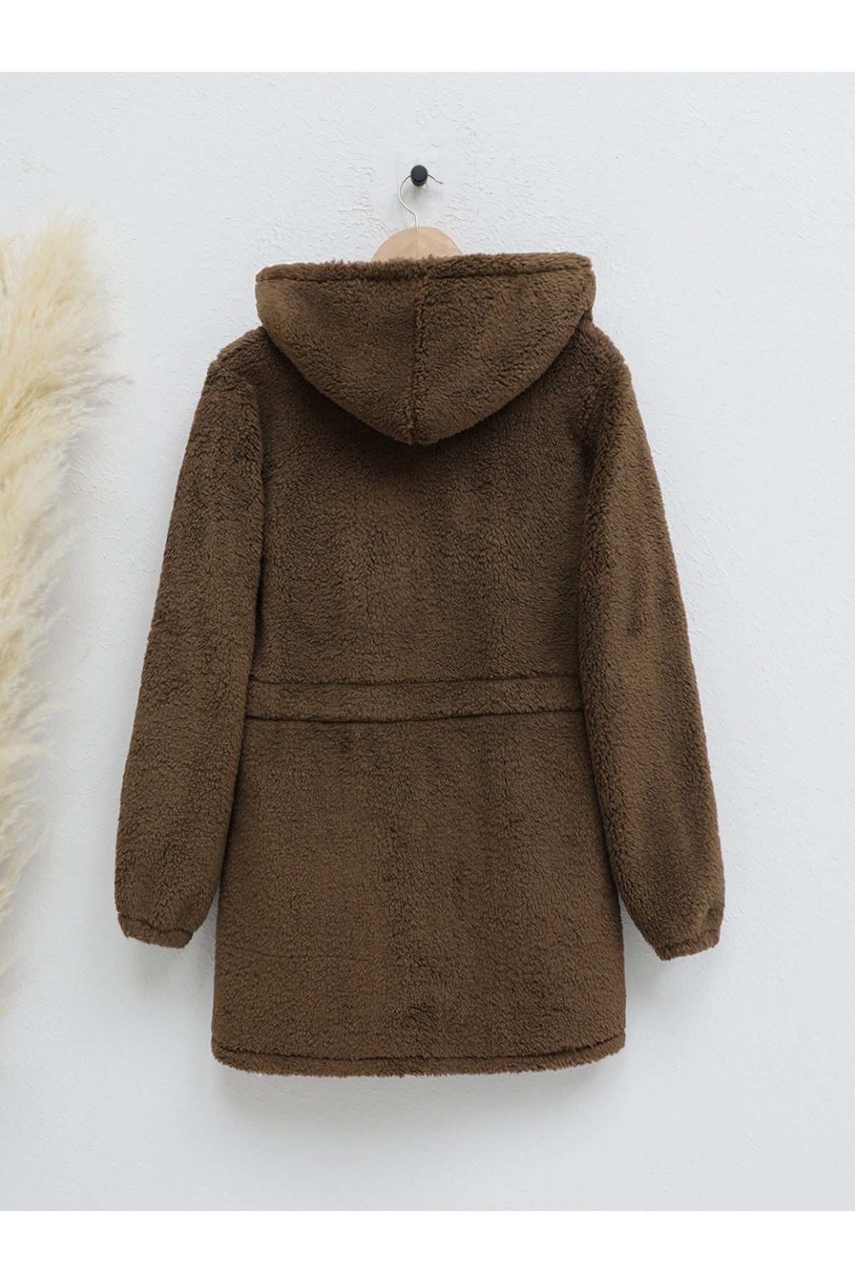 Beli Lastikli Kapşonlu Fermuarlı Peluş Mont -Kahve