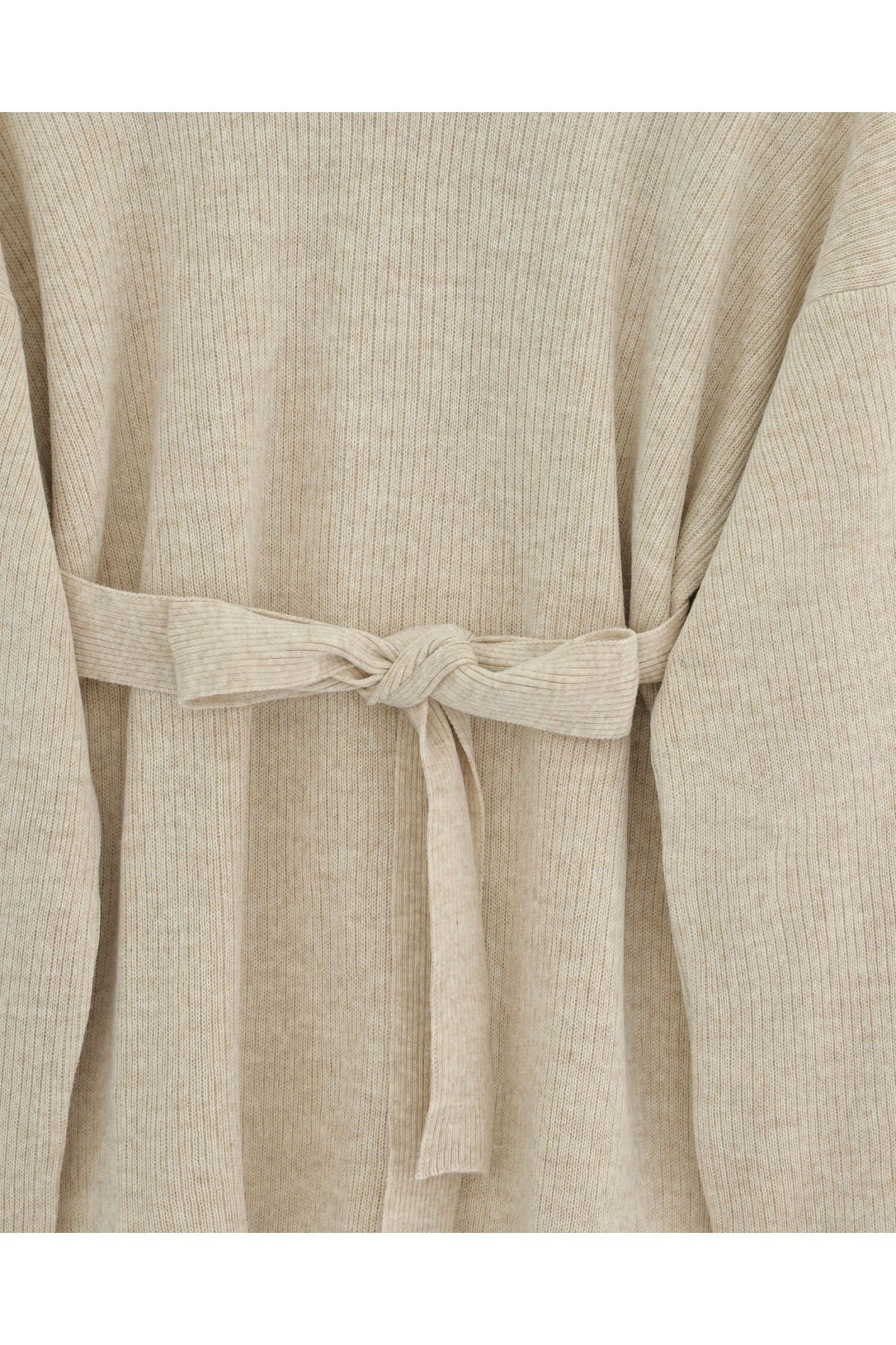 Kolu Katlamalı Beli Kemerli Yırtmaçlı Triko Takım  -Taş