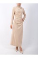 Kayık Yaka Yandan Drapeli Örme Krep Elbise -Bej