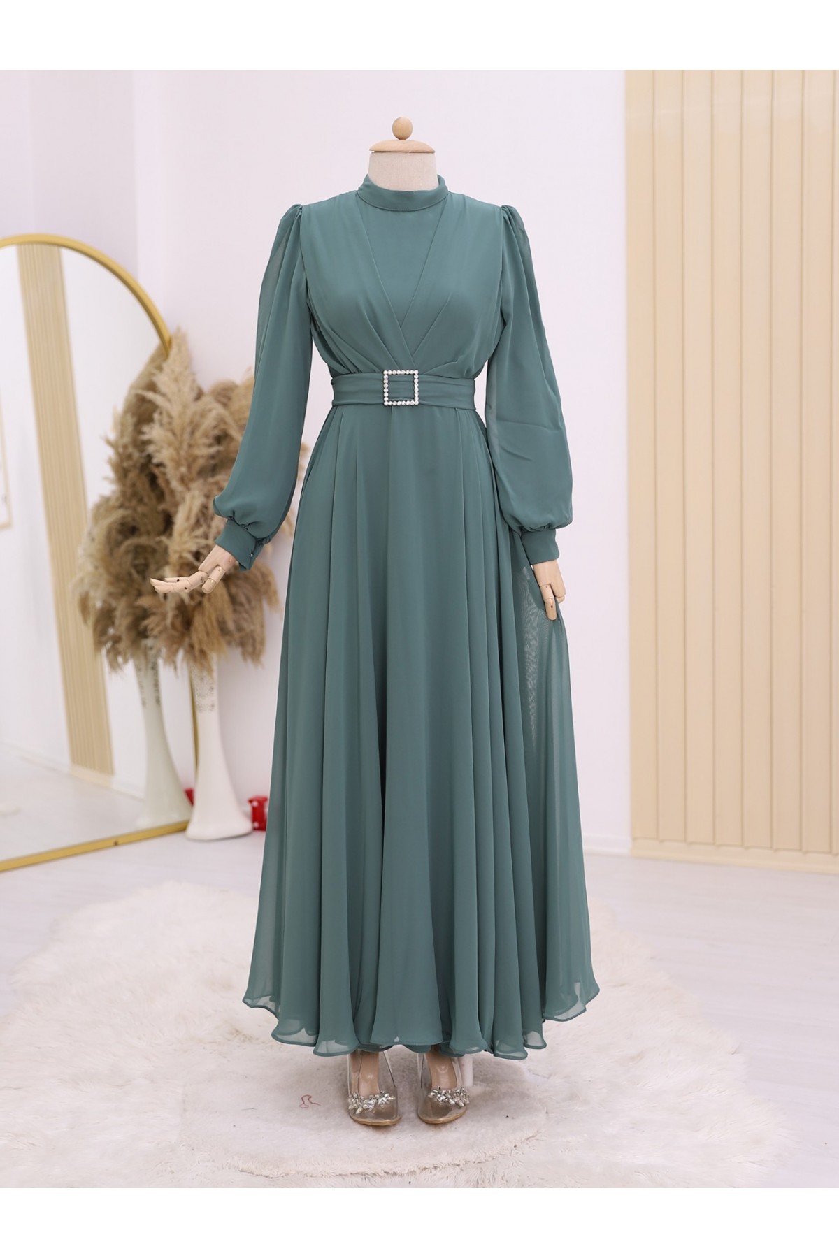 Kemeri Taşlı Önü Pileli Tesettür Elbise -Mint