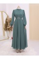 Kemeri Taşlı Önü Pileli Tesettür Elbise -Mint