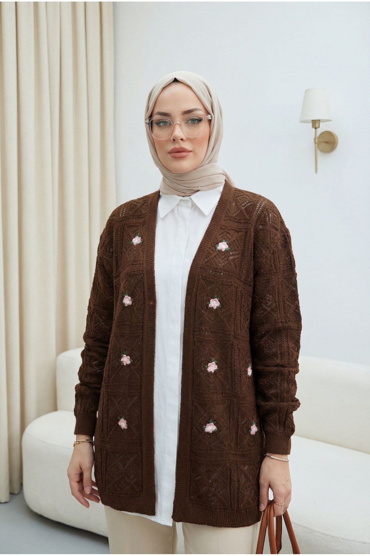 Ajurlu Nakışlı Hırka     -Açık Kahve