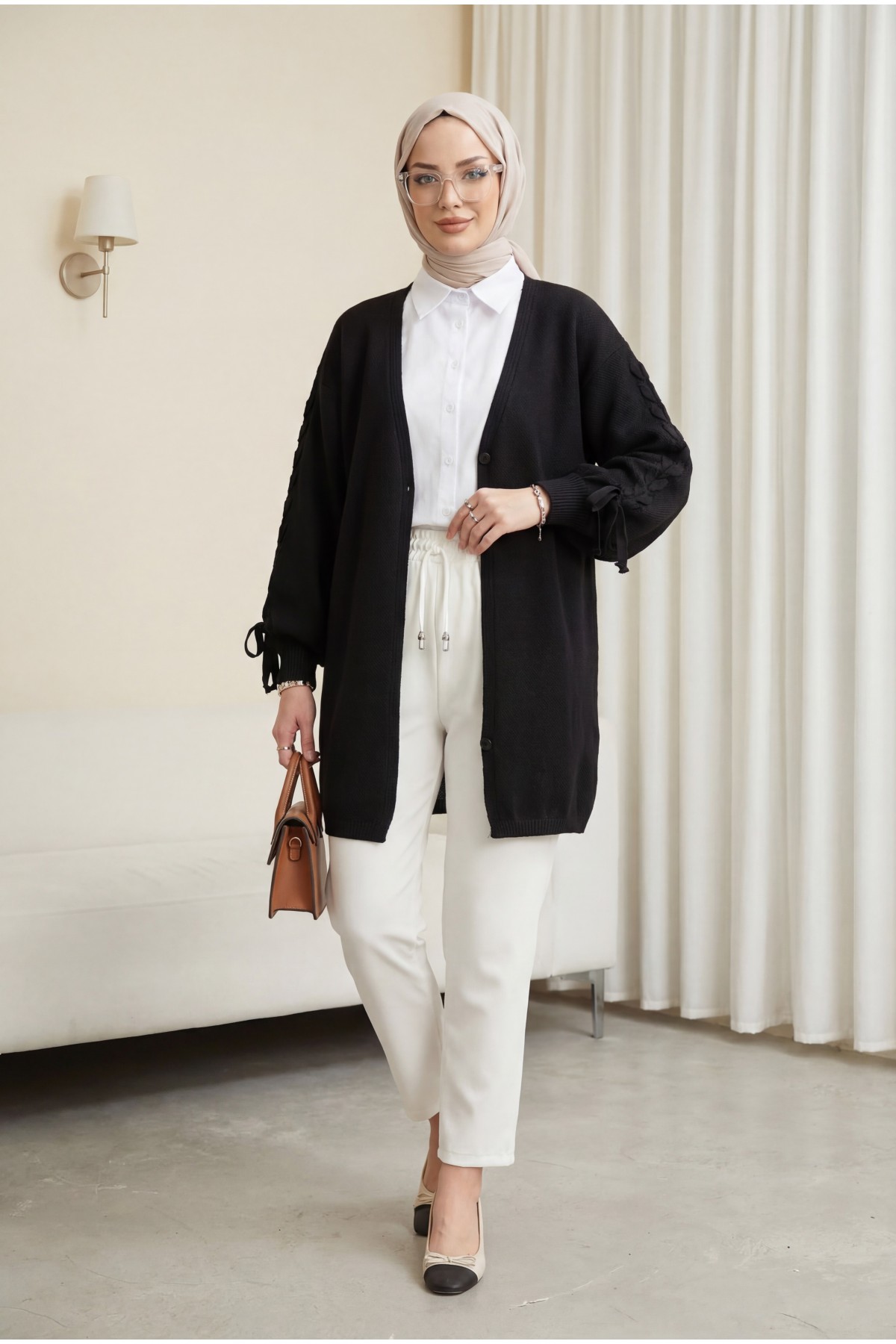 Kolu Saç Örgülü Salaş Triko Hırka -Siyah