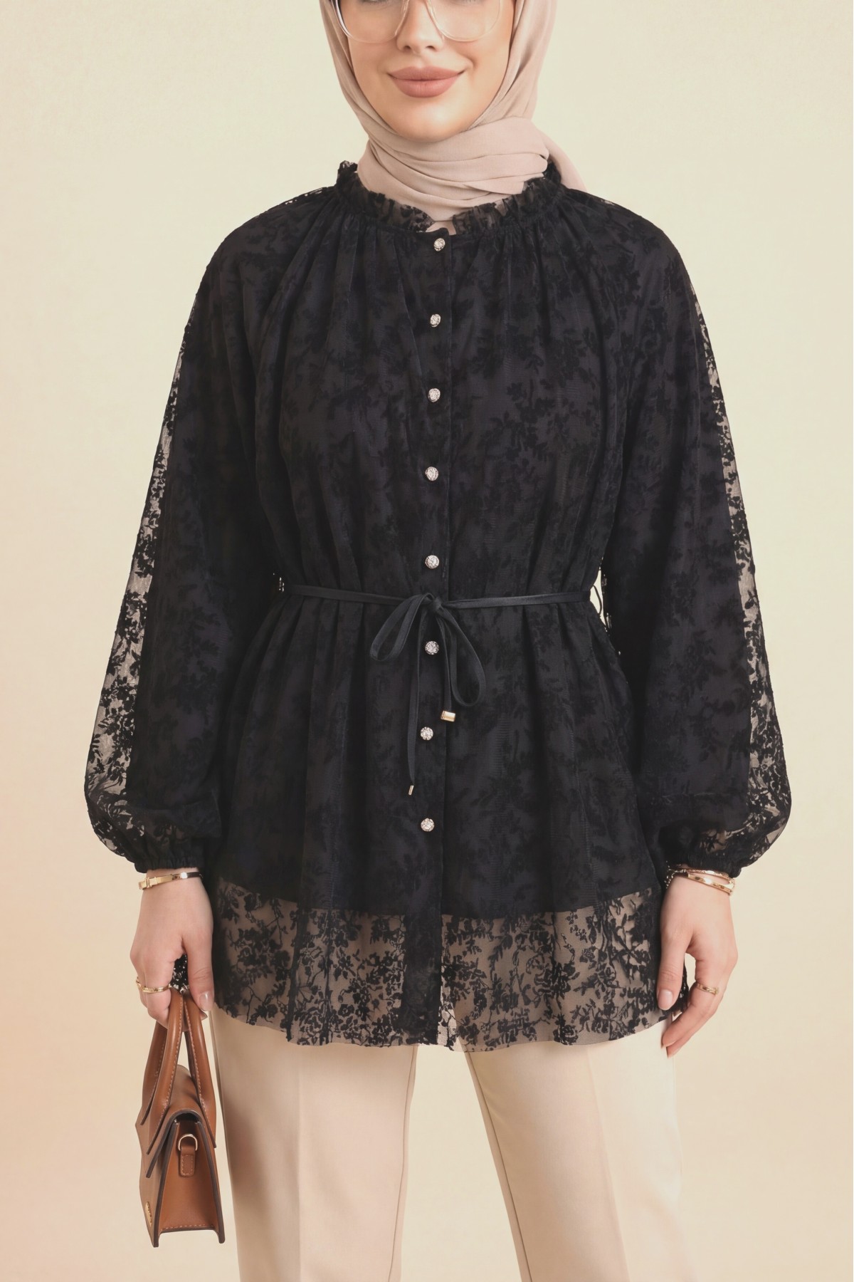 Dik Yaka Beli Bağcıklı Balon Kol Flog Baskılı Astarlı Tül Tunik -Siyah