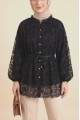 Dik Yaka Beli Bağcıklı Balon Kol Flog Baskılı Astarlı Tül Tunik -Siyah