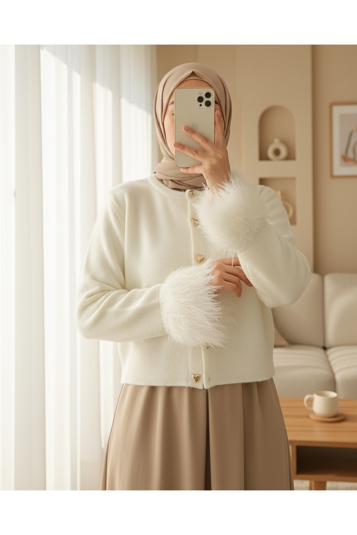 Kalp Düğmeli Kolu Saçaklı Triko Hırka -Ekru