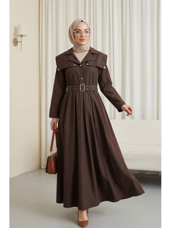 Yarım Düğmeli Yakalı Yan Cepli Kemerli Pamuk Saten Elbise  -Kahve