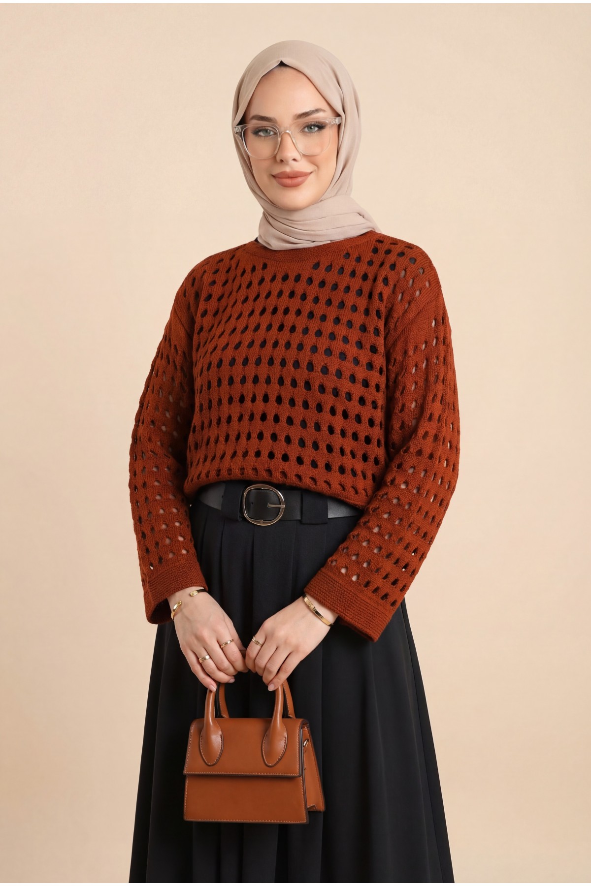 Kayık Yaka Ajurlu Triko Kazak  -Kiremit