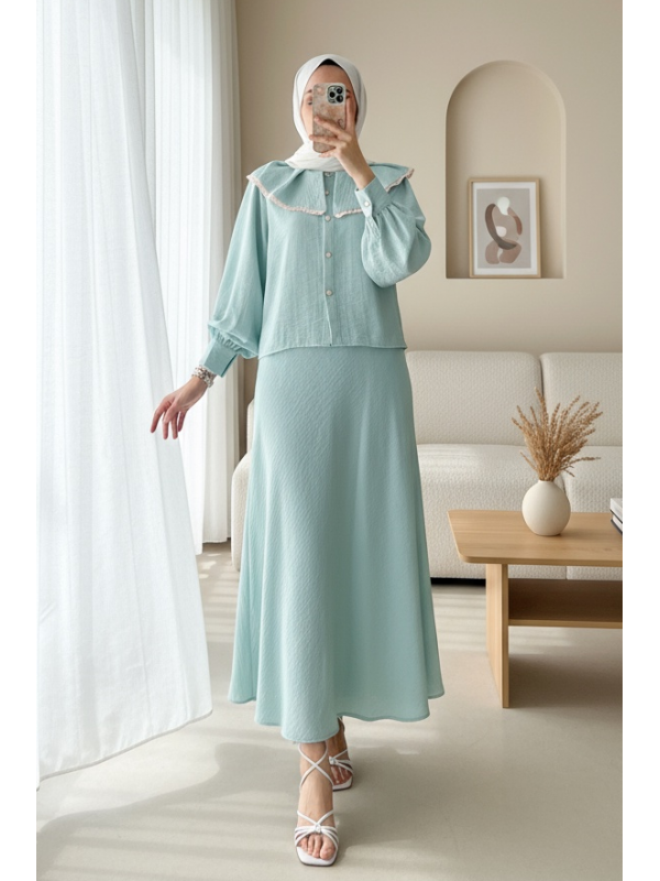 Dantelli Marul Yaka Saf Keten Etekli Takım  -Su Yeşili