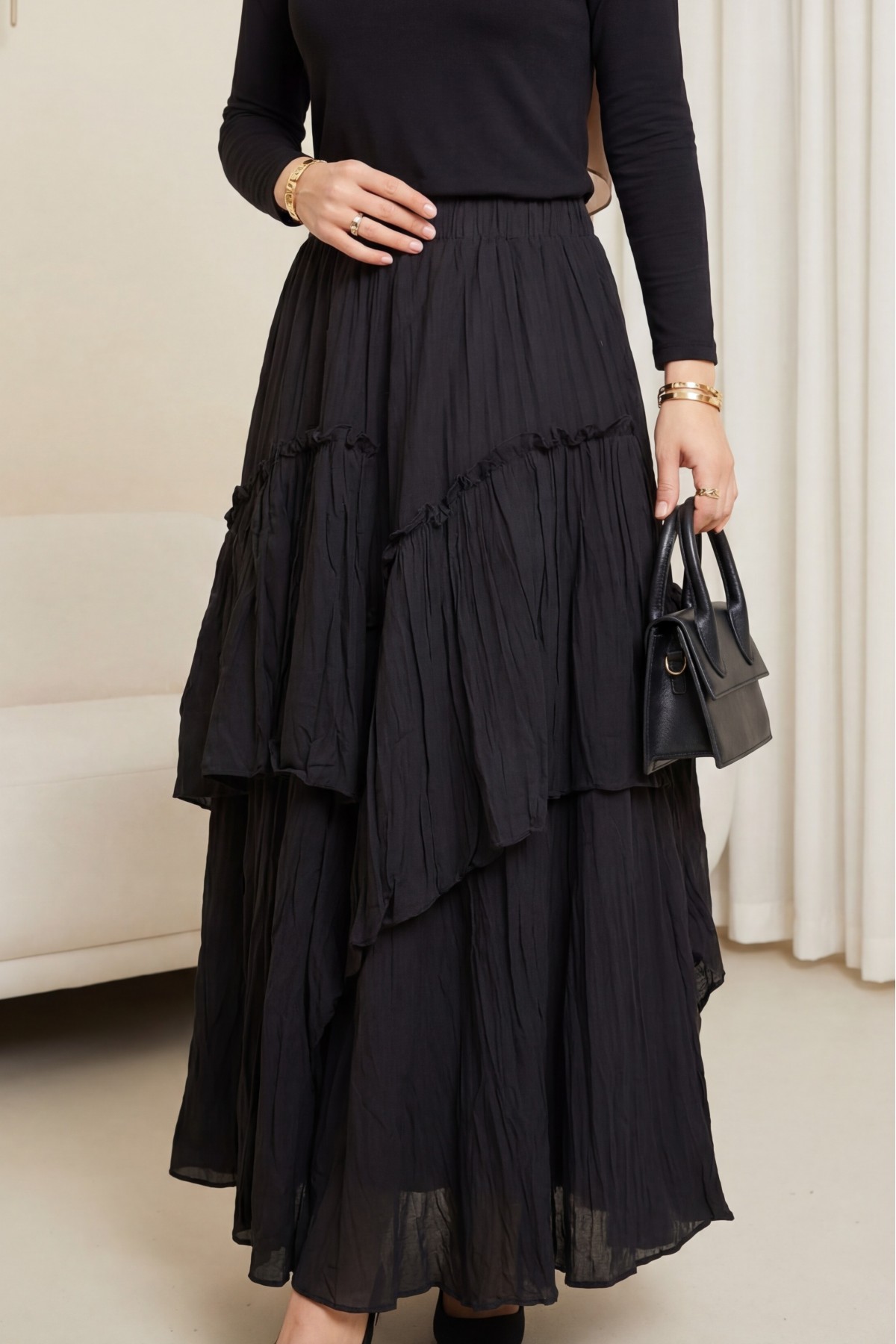 Beli Lastikli Keten Vual Katlı Etek -Siyah