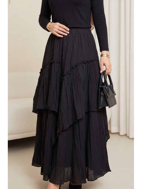 Beli Lastikli Keten Vual Katlı Etek -Siyah