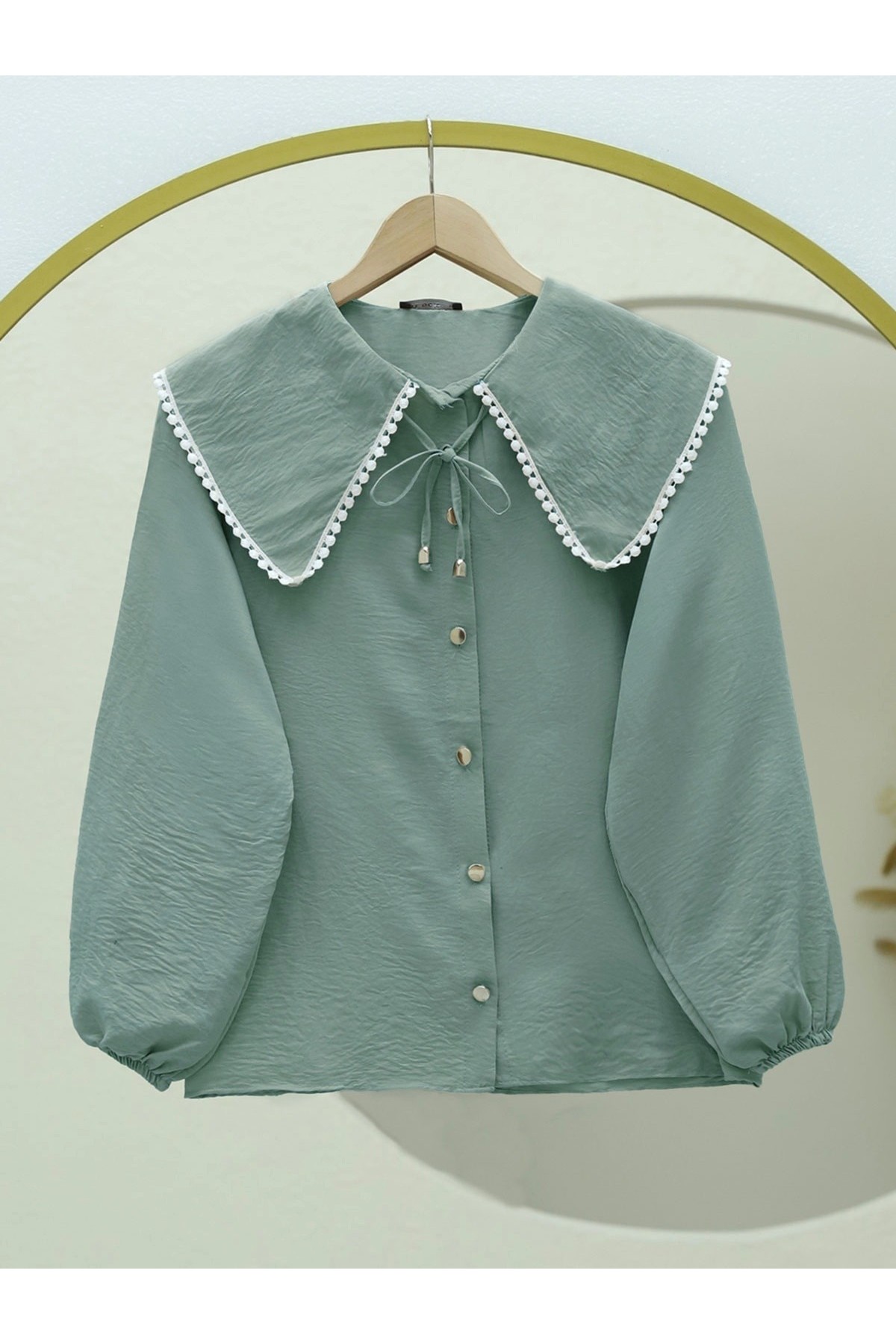 Bebe Yaka Dantelli Kolu Lastikli Gömlek -Mint