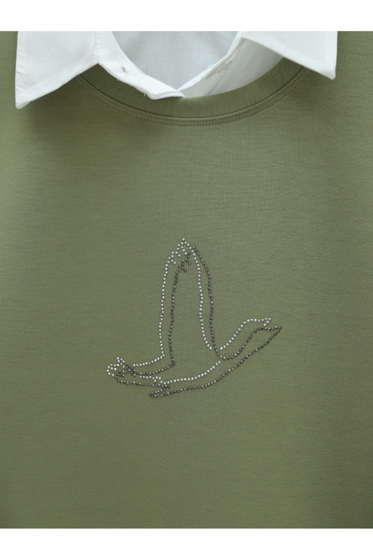 Kuş Desenli Taşlı Oysho Tunik  -Haki