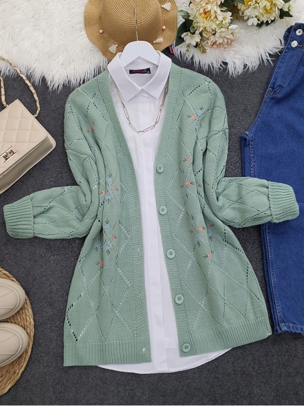 Ajurlu Çiçek Nakışlı Düğmeli Triko Hırka -Mint