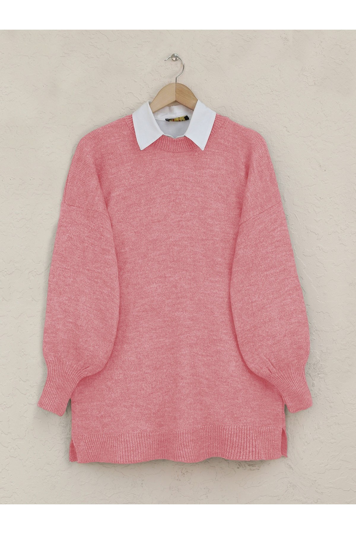 Yuvarlak Yaka Balon Kol Salaş Triko Kazak  -Yavruağzı